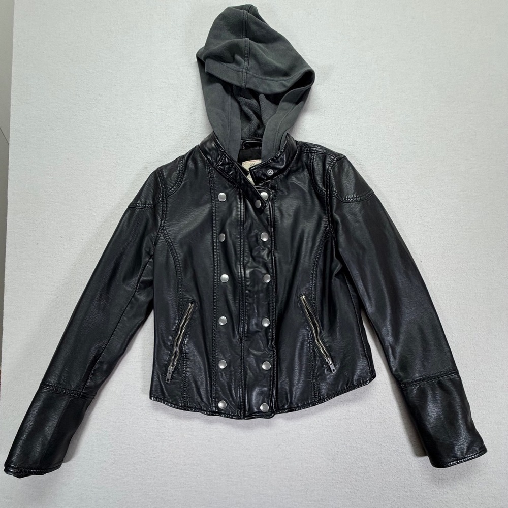 We The Free Free People Vegan Leather Hooded Moto Biker Jacket Black‎ Small